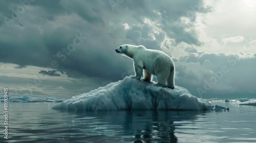 A polar bear stranded on a melting iceberg  highlighting the impact of rising sea temperatures on Arctic wildlife