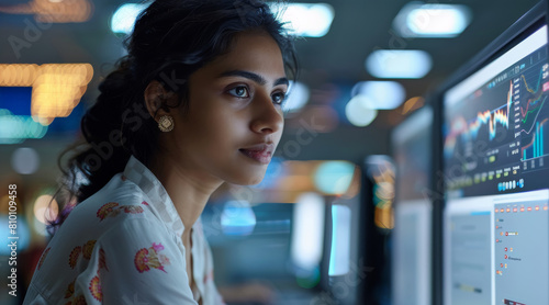 A woman working in cybersecurity at a bank in India. Generative AI.