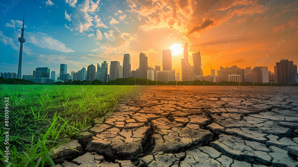 Fototapeta premium Climate Change Environmental Impact Dry Soil Sunset cityscape