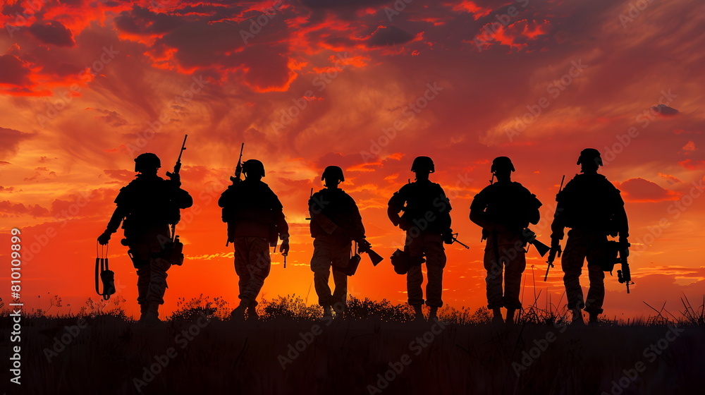 Silhouetted Soldiers Marching in sunset