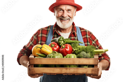 Mature farmer carrying a crate full of fresh vegetabales isolated on white background 