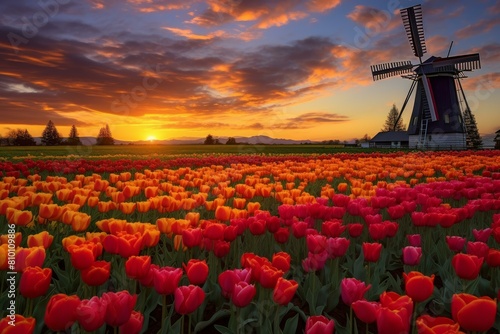 Tulips field windmill scene. Floral rural landscape with blossom farm. Generate Ai