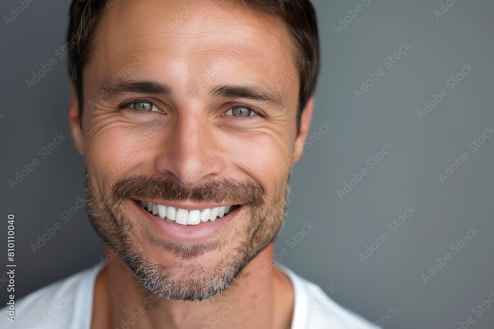 Fototapeta premium Happy man with perfect teeth smiling on grey background