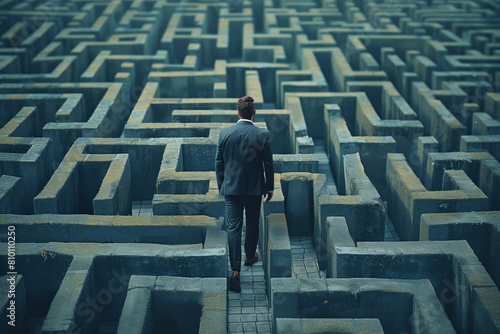 Man facing giant labyrinth challenge