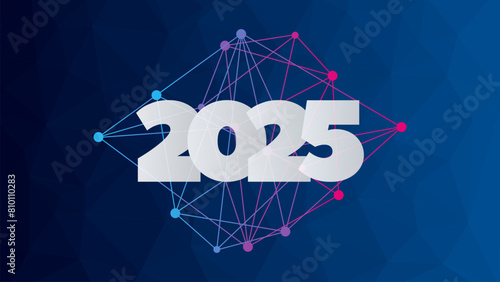 2025 New Year symbol.  Low poly background. Blue pink gradient triangle network pattern. Vector illustration for celebration, decoration, business, web design