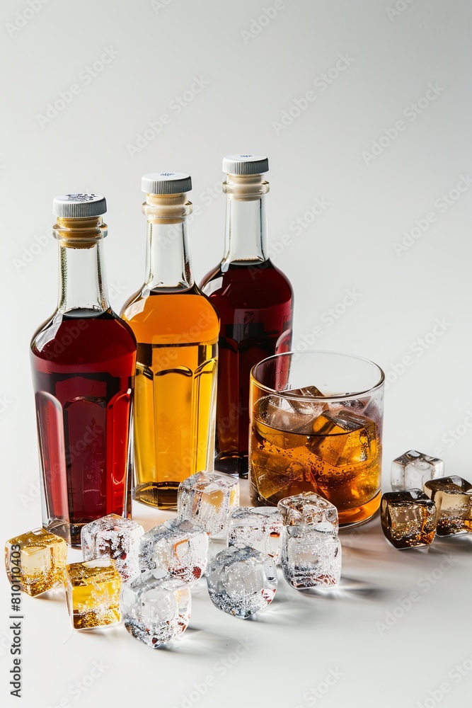 Four bottles of alcoholic drinks and a glass of ice on a white background. Four bottles of alcoholic drinks and a glass of ice on a white background.