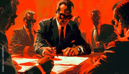 heinous business man drawing up secret plans red and black elite group 