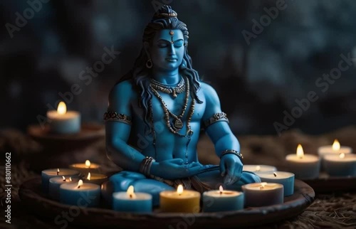 Hindu god Ram Krishna statute meditation with candles Generative AI