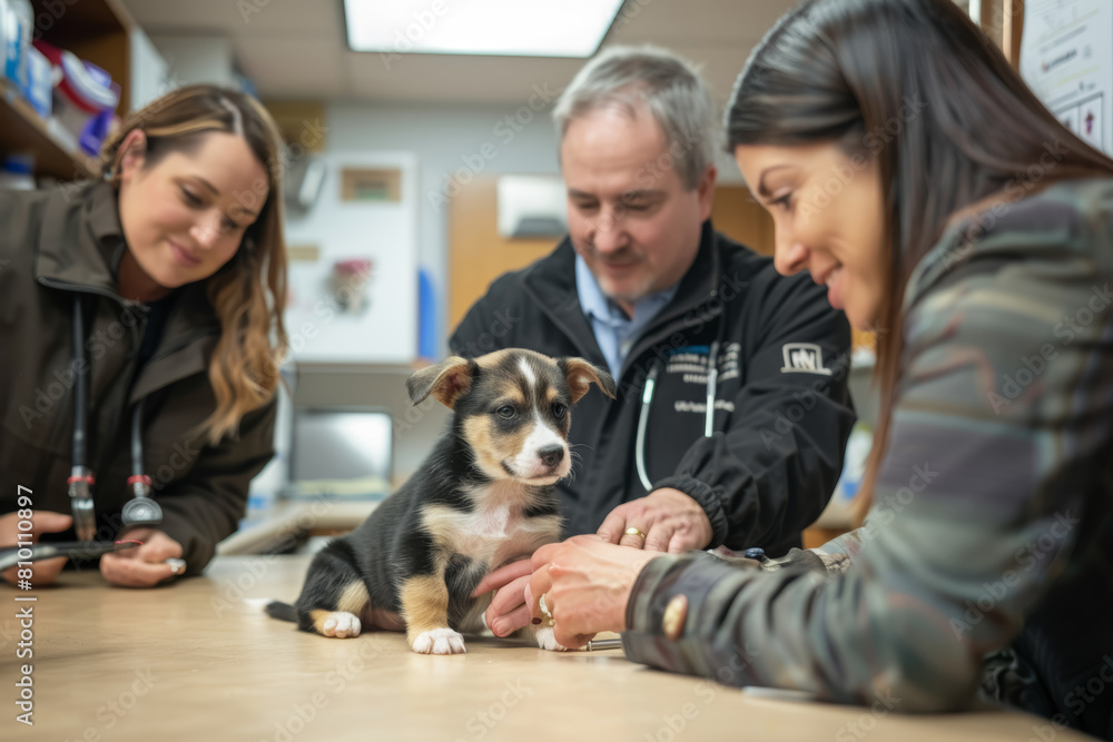 Compassionate Veterinarian Examining Puppy with Pet Owners Present