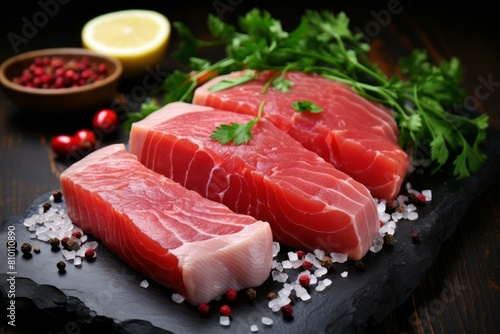 Raw tuna fillets garnished with parsley, lemon, and a sprinkling of salt and peppercorns on a dark slate surface