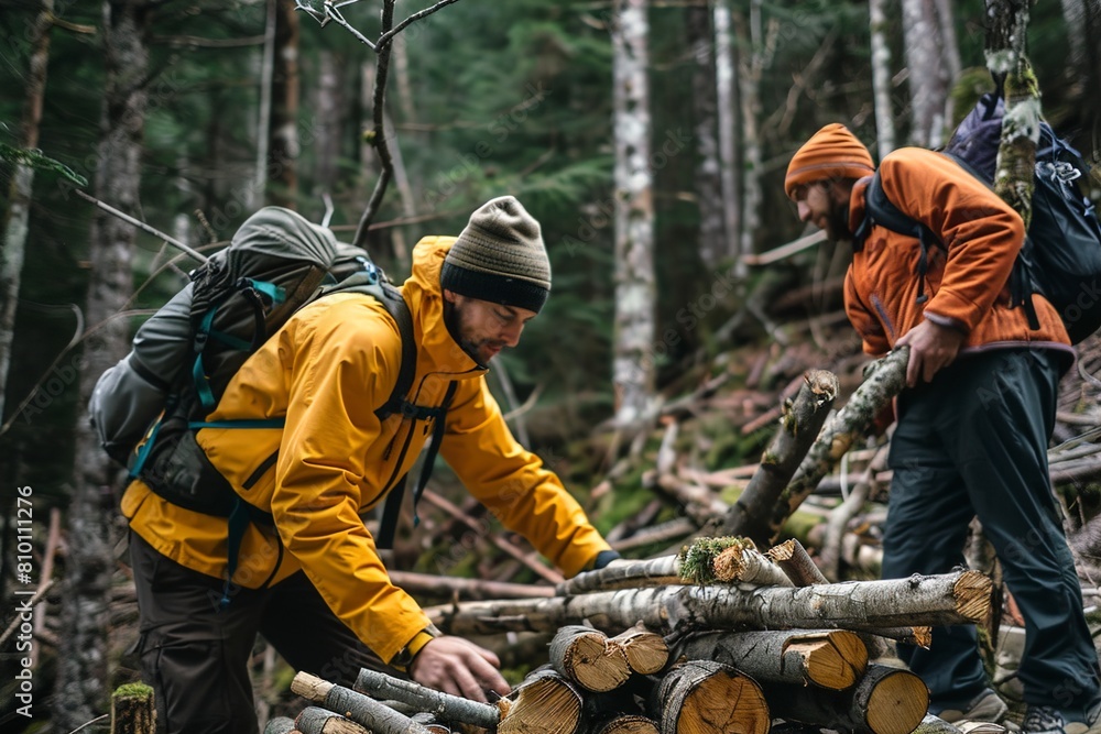 Male hikers arranging firewood in forest Male hikers arranging firewood in forest