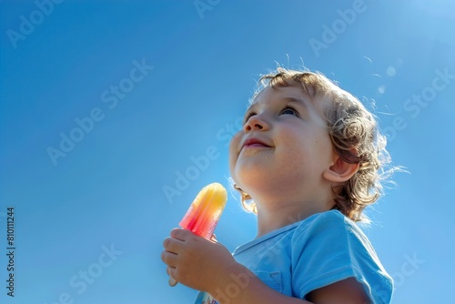 Low angle view of a little boy eating popsicle