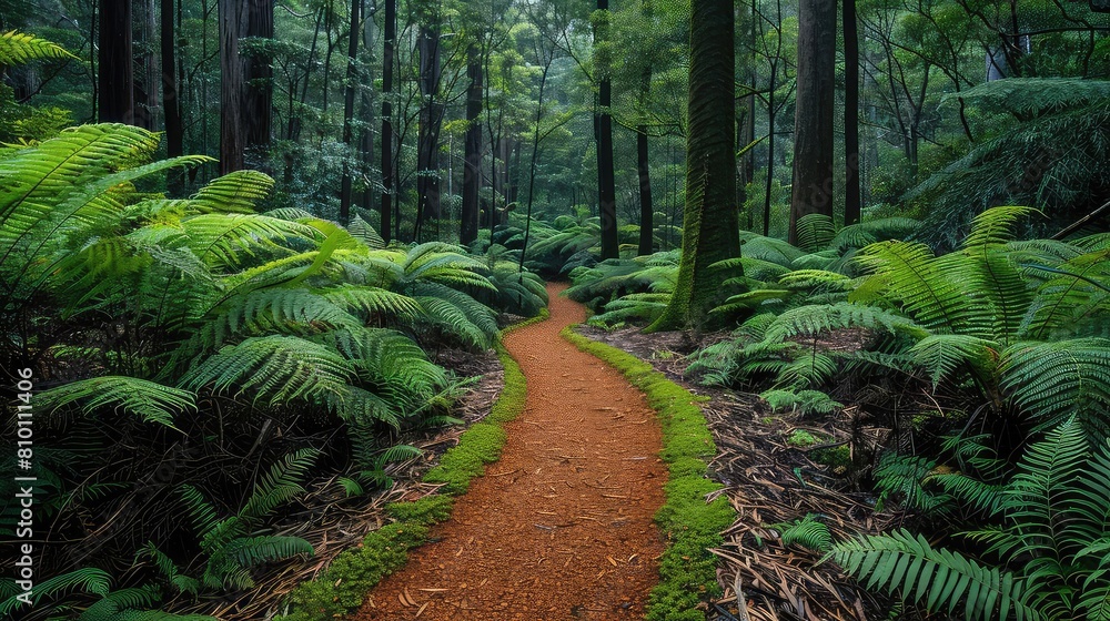 Naklejka premium Hikers perspective of a trail lined with ferns, journey through vibrant green foliage, immersive, inviting