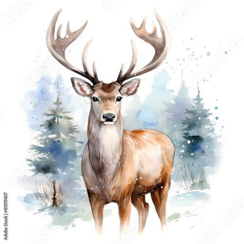 Christmas royal reindeer. Christmas deer clipart. Watercolor illustration. Generative AI. Detailed illustration. © Studicon