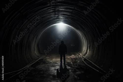 Tunnel man dark light. Freedom concept. Generate Ai © juliars