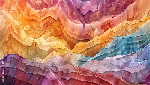 Vibrant, multi-colored, stratified rock layers presented in a panoramic format, evoking geological wonder photo