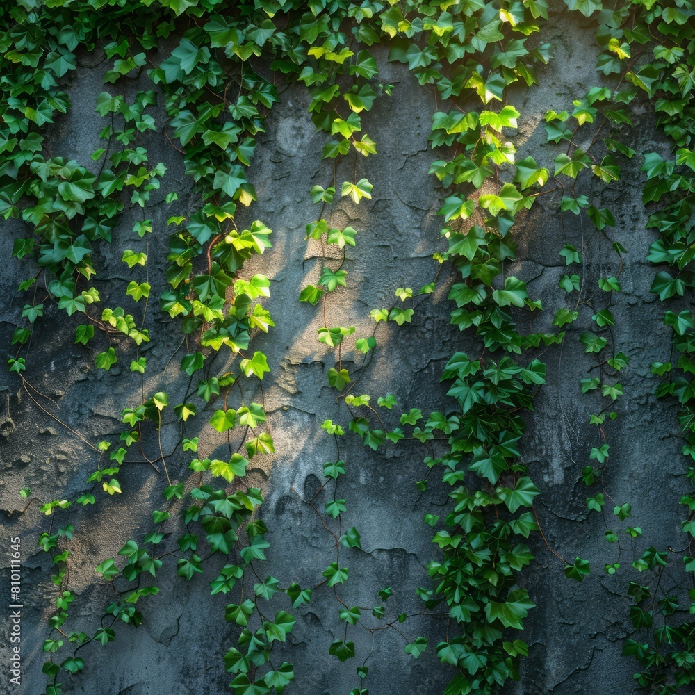 A wall covered in green ivy vines. The vines are growing up the wall and are reaching towards the sky. The wall is made of concrete and has a rough texture