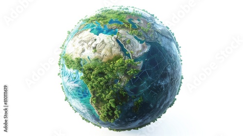 Earth with a close-up on thriving green regions versus areas suffering from climate change  aimed to motivate conservation efforts  on a white background.