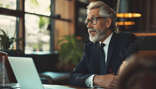 esteemed business man in black suit and tie sitting at desk with laptop old grey hair glasses 