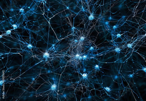 This image displays a complex neural network resembling synapses in a brain, symbolizing intelligence and connectivity