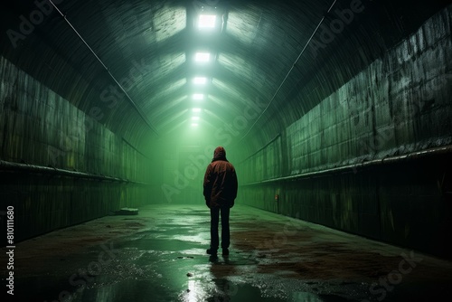 Tunnel underground man dark. Exit escape. Generate Ai