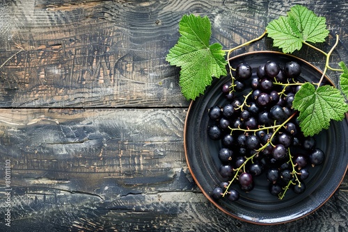 Fresh blackcurrants on a plate on a wooden background. View from above. place for text.  photo