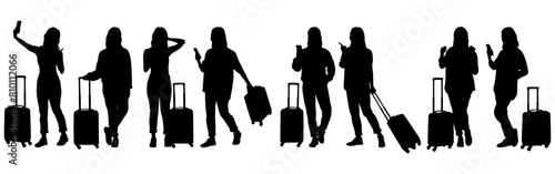 Silhouette of young woman tourist with camera and smartphone. Girl in casual clothes with a suitcase and tickets. The female traveler goes on a journey. Vector illustration set isolated on white