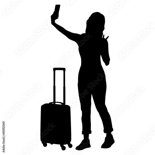 Silhouette of young woman tourist with camera and smartphone. Girl in casual clothes with a suitcase and tickets. The female traveler goes on a journey. Vector illustration isolated on white