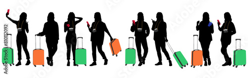 Silhouette of young woman tourist with camera and smartphone. Girl in casual clothes with a suitcase and tickets. The female traveler goes on a journey. Vector illustration set isolated on white