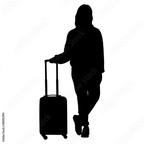 Silhouette of young woman tourist with camera and smartphone. Girl in casual clothes with a suitcase and tickets. The female traveler goes on a journey. Vector illustration isolated on white