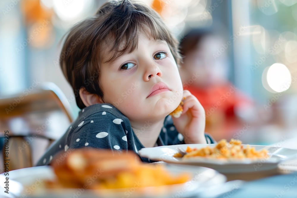 Unhappy cute boy eating food while looking Unhappy cute boy eating food while looking
