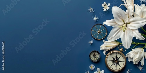 White carnations and compasses blend with navy lilies at the right, leaving copy space on the left, banner greeting card for wedding reception, valentines, mother's day, father's day photo