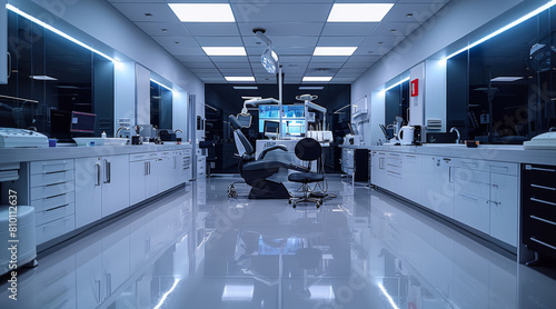 A prosthetic dental lab interior, polished black lacquered floor reflecting LED-tiled ceiling, advanced dental equipment at workbenches, glowing lighting emphasizing clinical precision. Generative AI. photo