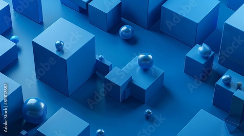 3D render of abstract blue background with geometric shapes and cubes