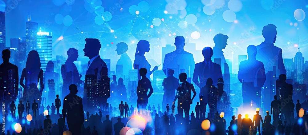 Computer background with silhouettes of business people and women, business background, abstract illustration on the topic of business, business network in blue tones. A team of Digital network 