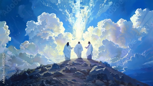 Transfiguration of Jesus on the mountaintop, depicted from behind as he converses with Moses and Elijah photo