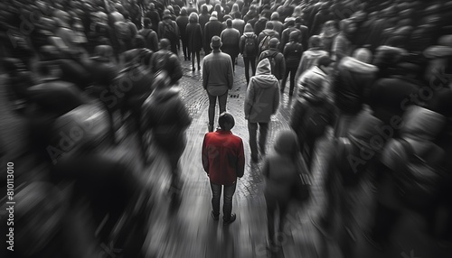 person standing out in a crowd of people wearing red unique distinct 