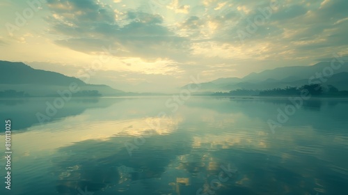  A body of water with mountains in the distance and clouds in the sky above  as well as in the foreground