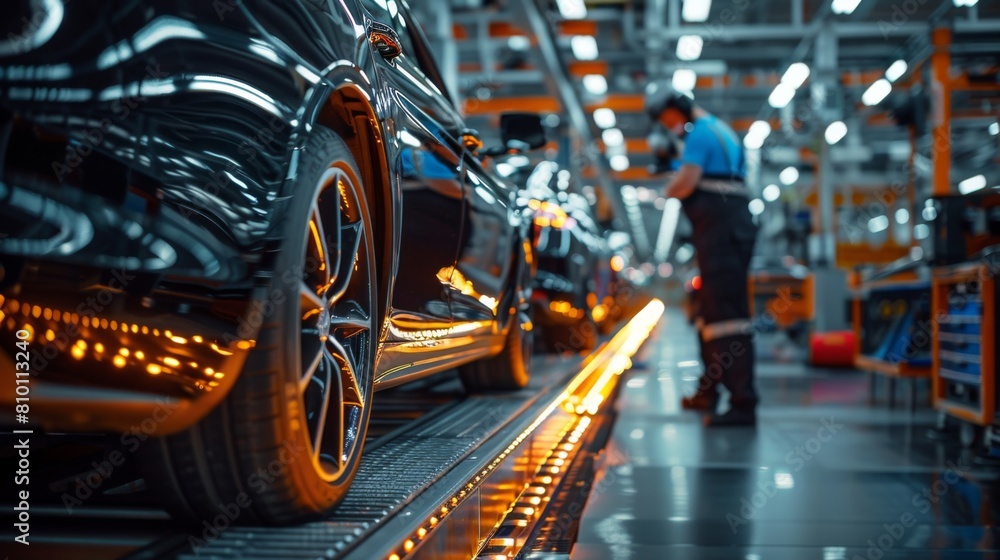 automotive engineer inspecting a vehicle assembly line, detailed focus on product quality