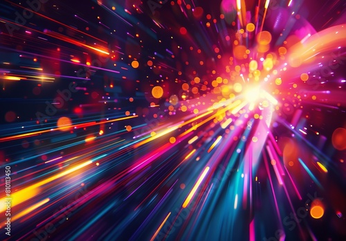 Digital image featuring radiant burst of colorful lights with a motion blur effect creating a dynamic energy