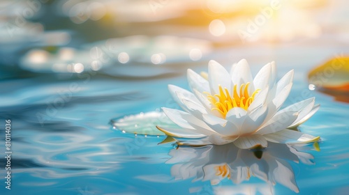   A white water lily floats atop a blue body of water  sun s bright rays shine behind