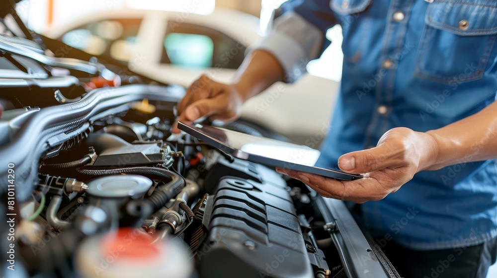 A tight shot of a person, face focused, holding a cell phone near a car with its hood raised The engine lies in the background A tight shot of a person, face focused, holding a cell phone near a car with its hood raised The engine lies in the background