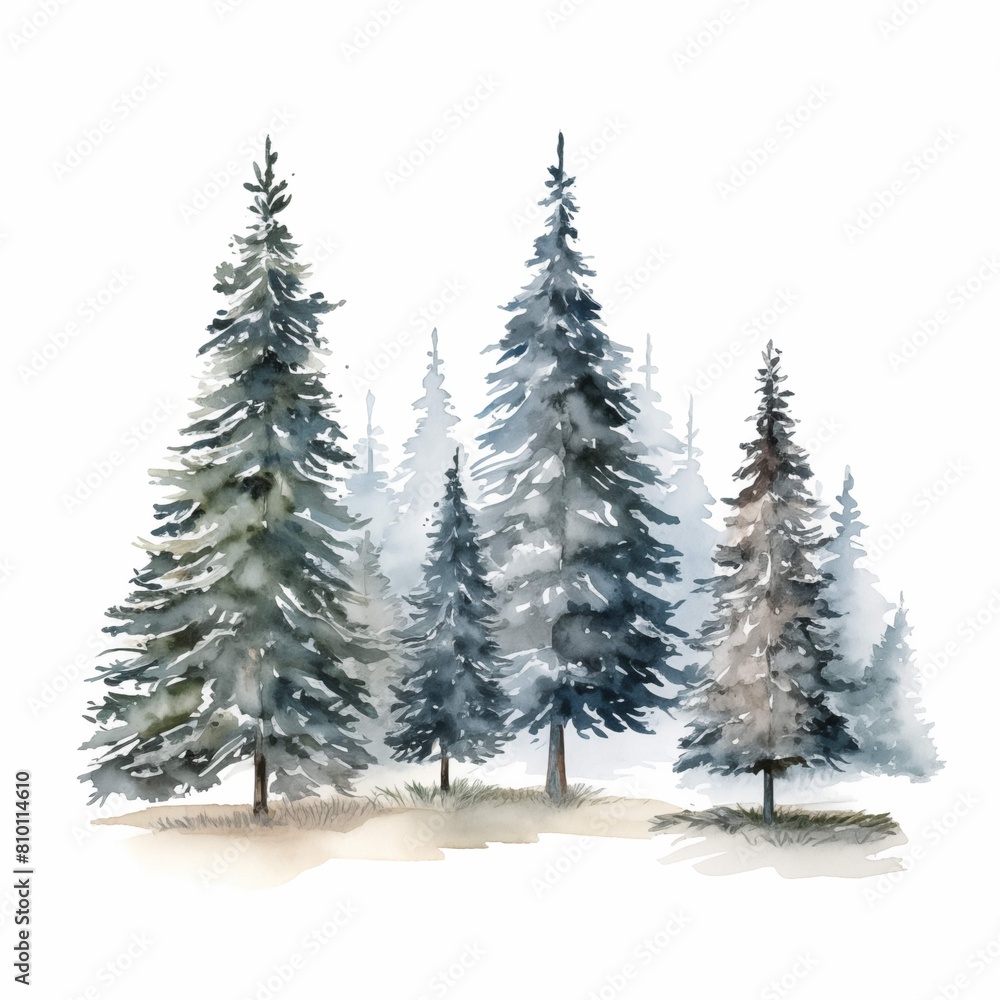 Christmas trees. Forest trees clipart. Watercolor illustration. Generative AI. Detailed illustration.