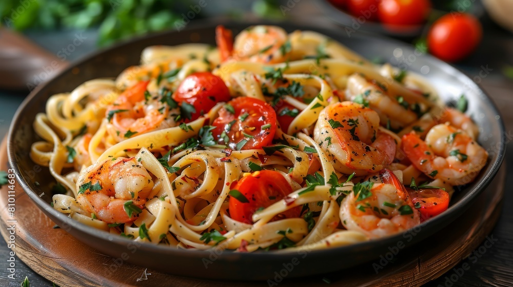 Fettuccine pasta with shrimp, tomatoes and herbs. side close view. Fettuccine pasta with shrimp, tomatoes and herbs. side close view.