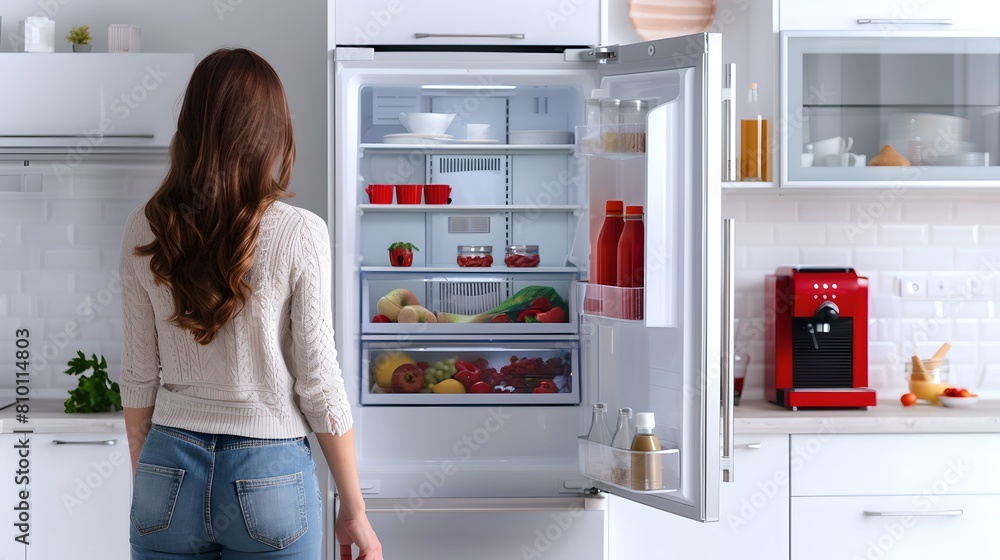 Woman standing by an open refrigerator in a modern kitchen. Lifestyle and interior. Healthy eating choices. Candid moment captured in a household setting. AI Woman standing by an open refrigerator in a modern kitchen. Lifestyle and interior. Healthy eating choices. Candid moment captured in a household setting. AI