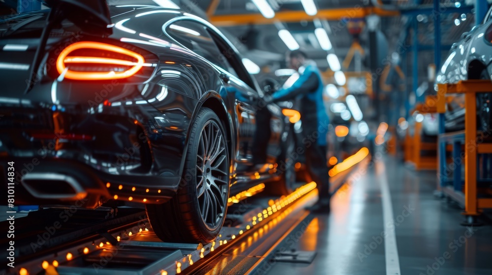 Automotive engineer inspects car assembly Inside the automobile manufacturing and assembly plant Automotive engineer inspects car assembly Inside the automobile manufacturing and assembly plant