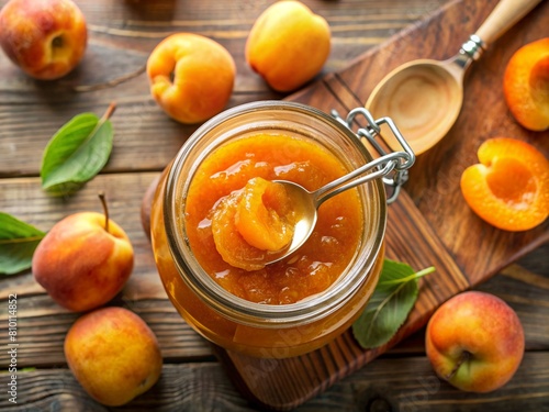 A jar of fresh apricot jam. Delicious homemade preparations for the winter from an experienced housewife. The concept of healthy and tasty food. View from above. 