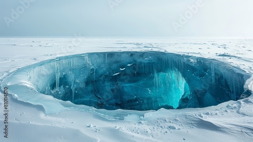   A vast ice cavern amidst a snowy field Ice formations jut off its edges