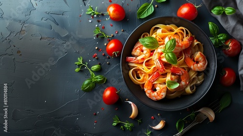 Fettuccine pasta with shrimp, tomatoes and herbs. Top view