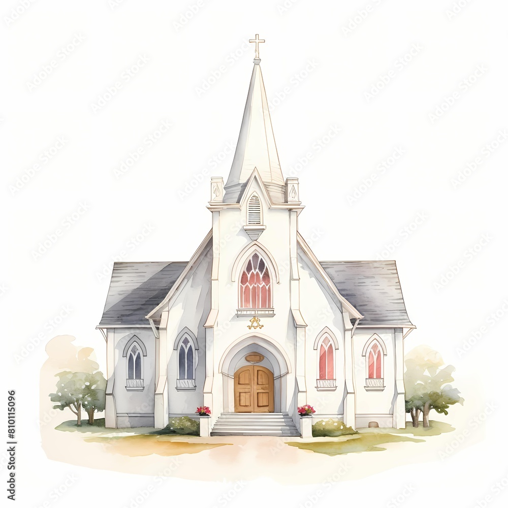 Church. Old chapel. Catholic church clipart. Watercolor illustration. Generative AI. Detailed illustration.